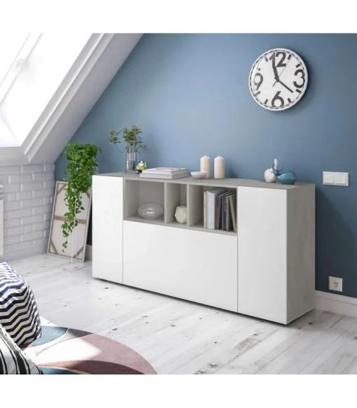 Aparador Maud 3 puertas blanco/cemento. 76 cm (alto) x 150 cm (ancho) x 41 cm (prof.)