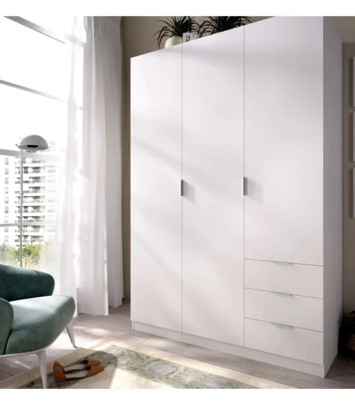 Armario ropero Marcela 3 puertas abatibles y 3 cajones en blanco 184 cm(alto)121 cm(ancho)52 cm(largo