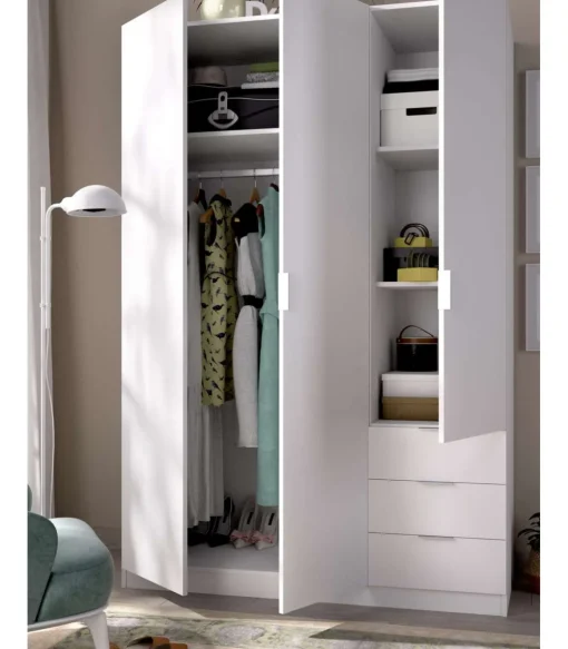 Armario ropero Marcela 3 puertas abatibles y 3 cajones en blanco 184 cm(alto)121 cm(ancho)52 cm(largo