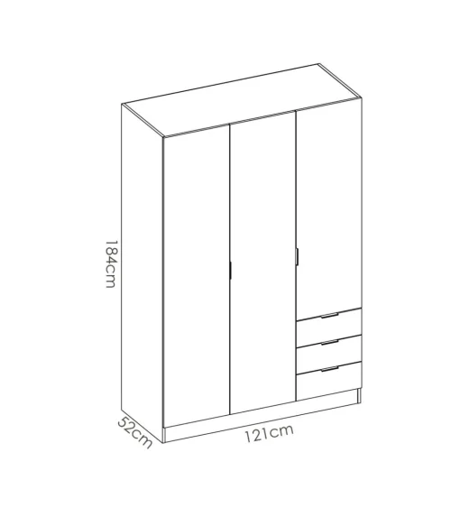 Armario ropero Marcela 3 puertas abatibles y 3 cajones en blanco 184 cm(alto)121 cm(ancho)52 cm(largo