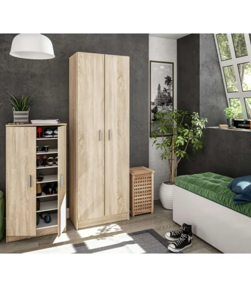 Armario zapatero Milan 2 puertas en acabado roble. 59 cm(ancho) 180 cm(altura) 37 cm(fondo)