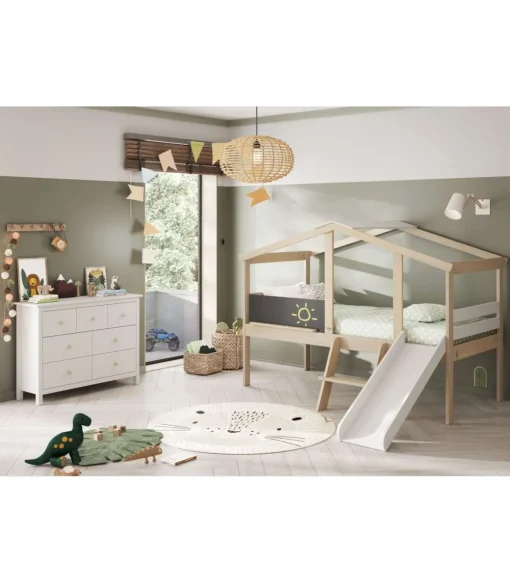 Cama juvenil tipo cabaña modelo IKER acabado blanco/cera, 204.9cm(largo) 97.1cm(ancho) 147cm(alto).