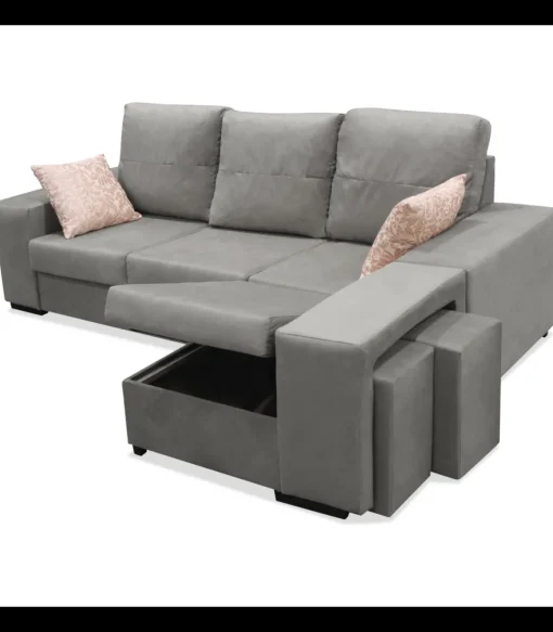 Chaiselongue reversible Bea color gris con dos taburetes, 230 cm (Ancho) x 155 cm (Fondo) x 92 cm (Alto)