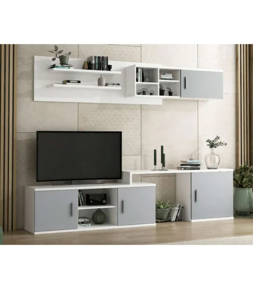 Composición de salón Benalúa en blanco y aluminio. De 220 a 270 cm de ancho. Se sirve montado.