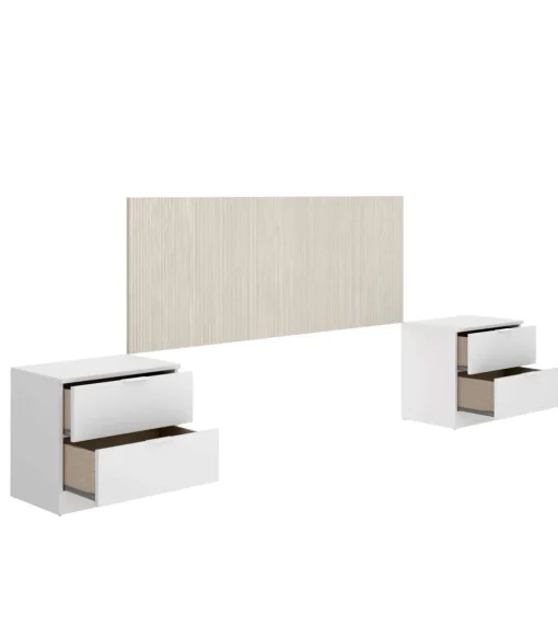 Conjunto cabecero, armario 2 puertas 4 cajones y 2 mesitas Lula acabado alistonado natural/blanco.