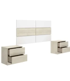 Conjunto cabecero, armario 3 puertas 3 cajones y dos mesitas Lisa acabado natural/blanco.