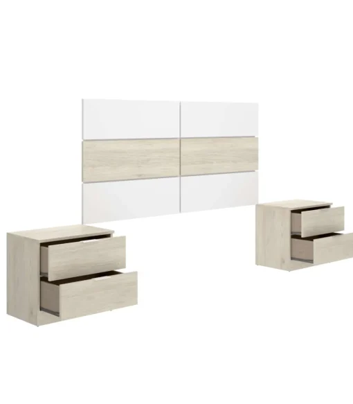 Conjunto cabecero, armario 3 puertas 3 cajones y dos mesitas Lisa acabado natural/blanco.