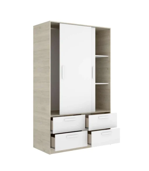 Conjunto cabecero, armario 2 puertas 4 cajones y 2 mesitas Lula acabado alistonado natural/blanco.