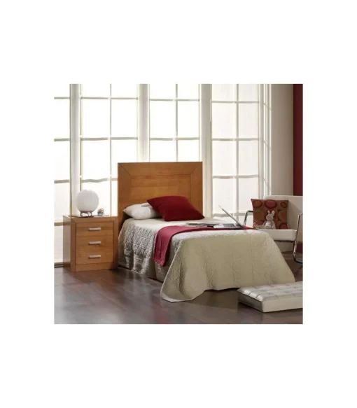 Conjunto de cabecero y mesita de noche en madera maciza color cerezo.
