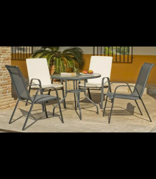 Conjunto de mesa + 4 sillones en acero Sulam-90/4 en acabado gris antracita.
