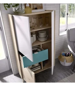 Conjunto de salón La Iruela 4 en acabado blanco, azul y madera natural