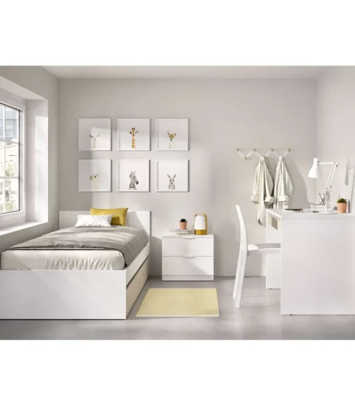 Conjunto juvenil cama con arrastre, mesita y escritorio Topo-4 acabado blanco/natural.