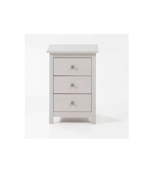 Mesita madera maciza con tres Cajones Tabac acabado blanco translucido 63 cm(alto)43 cm(ancho)35 cm(fondo)