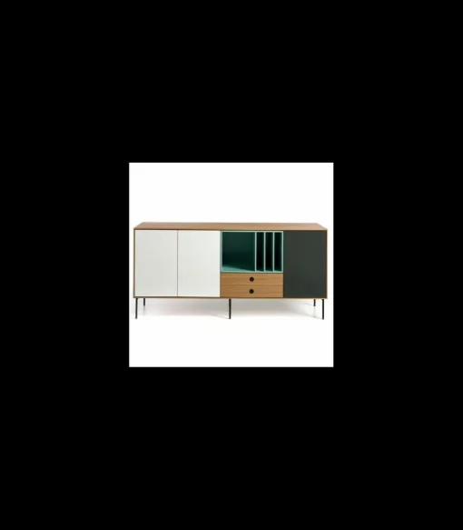 Mueble aparador 3 puertas 2 cajones modelo ZAIDA acabado roble-blanco-gris-verde, 85cm (alto) x 184cm (ancho) x 44cm (prof.)