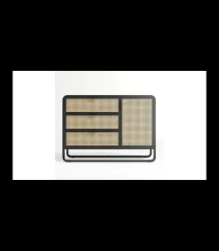 Mueble aparador Md-Armilla 1 puerta, 3 cajones acabado negro/roble claro, 110cm(ancho) 72cm(altura) 45cm(fondo)
