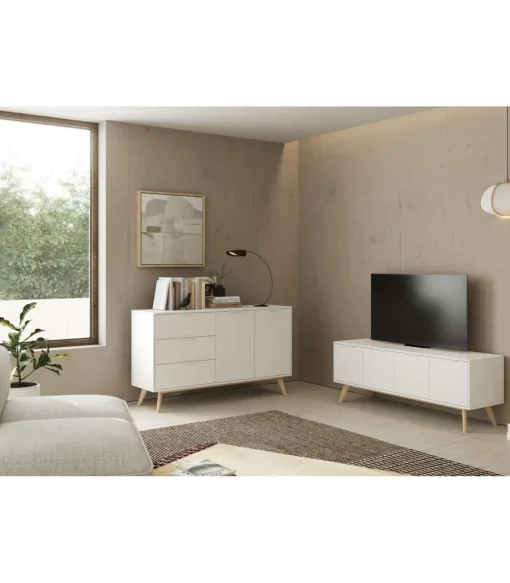 Mueble para televisión 4 puertas Campos acabado blanco/blanco cera 53cm(alto) 140cm(ancho) 40cm(largo).
