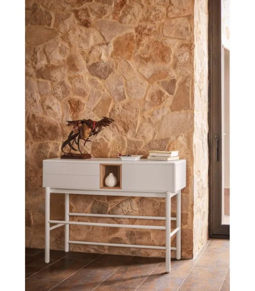 Mueble recibidor modelo Corvo 1 puerta 2 cajones acabado crema, 35cm(ancho) 90cm(alto) 120cm (largo)