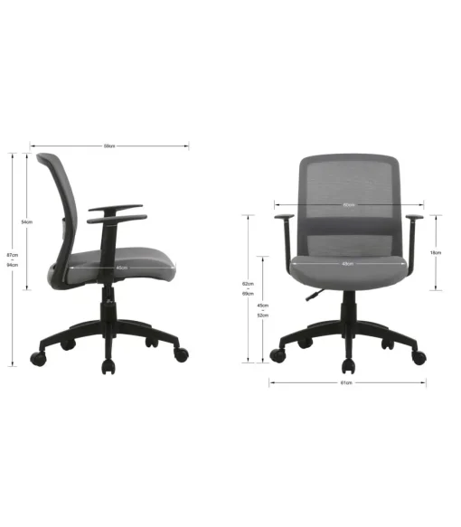 Silla despacho giratoria elevable acabado gris, 61m(ancho) 87/94cm(altura) 59cm(fondo)