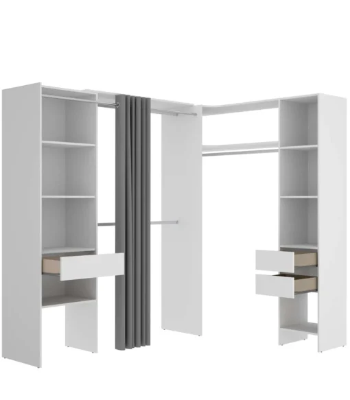 Vestidor de rincón Siles con cortina y cajones acabado blanco, 205cm(alto) 214cm(ancho) 141cm(fondo)
