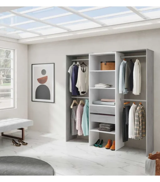 Vestidor para dormitorio con baldas y dos cajones acabado blanco artik/cemento, 202cm(alto) 179cm(ancho) 50cm(fondo)
